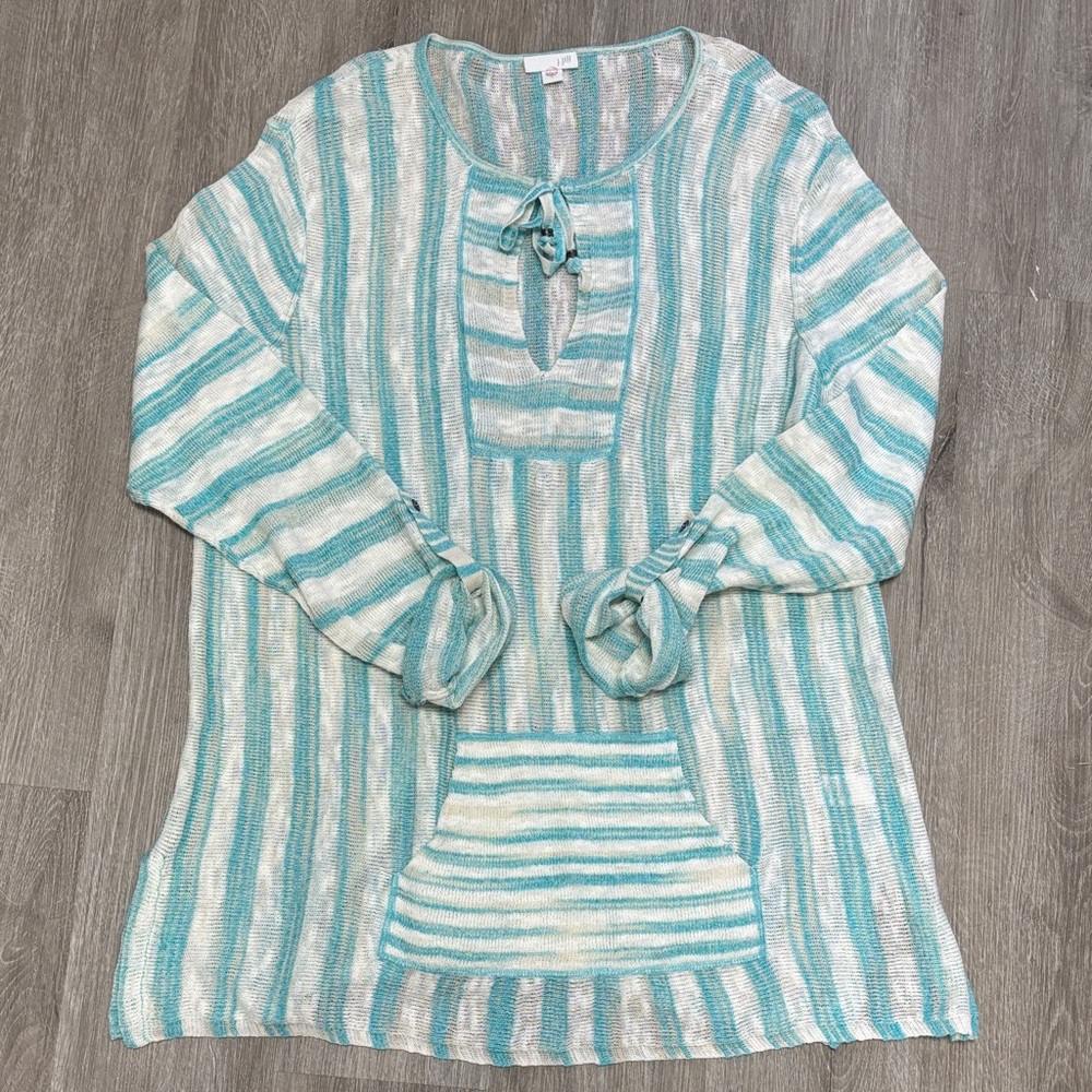 J. Jill Aqua and White Striped Knit Top large lightweight spring